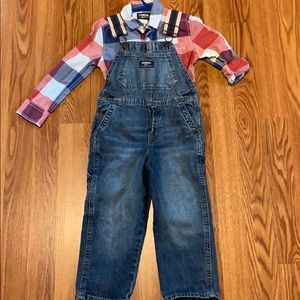 3t boy overalls and plaid shirt